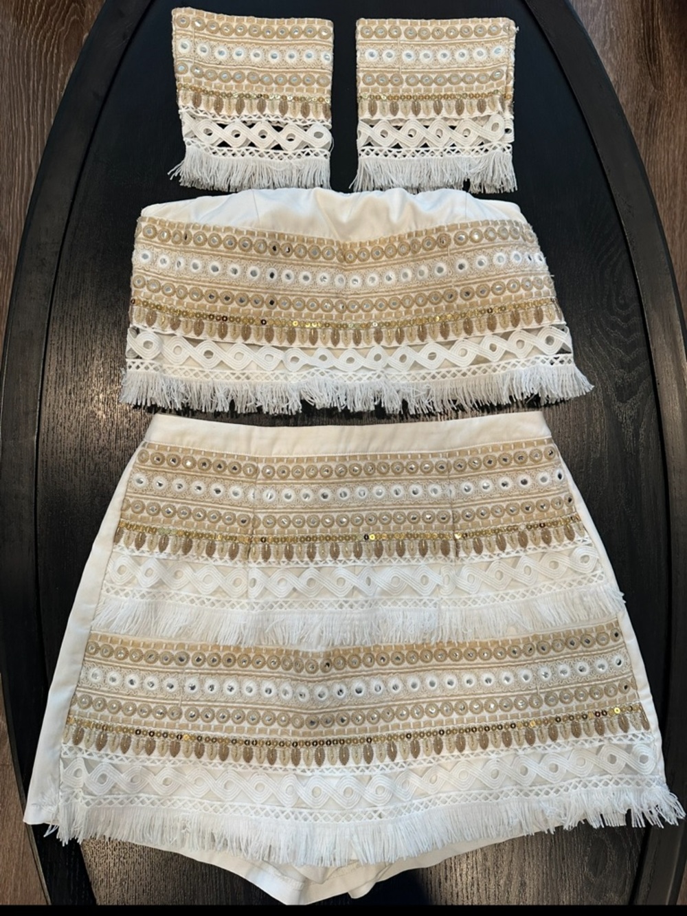 White & Gold Fringe Embellished Two-Piece Skirt Set